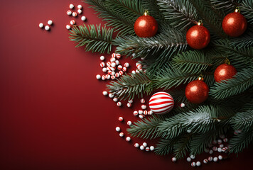 Holiday baubles and candy canes arranged over a red background with ample copy space, presented in a top view perspective