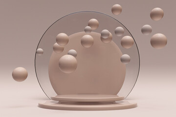 3d beige background with flying bubbles and empty round podium. Abstract design with spheres. Digital art for promotion. Copy space