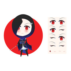 Character Illustration of a Tiny Samurai Woman in Hijab. Beautiful Blue Eyed in Anime Hand Drawn Style