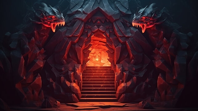 3d illustration of low poly mystical cave. Above the gate is stone © wangs