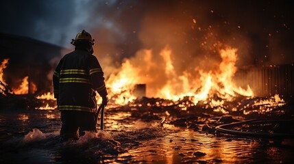 
A professional firefighter puts out the flames. A burning house and a man in uniform, view from the back. Concept: Fire engulfed the room, danger of arson