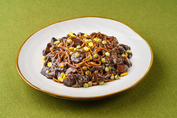 Jajangmyeon, a Korean specialty against a simple background