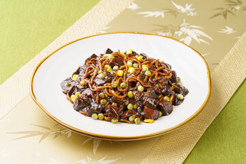 Jajangmyeon, a Korean specialty against a simple background