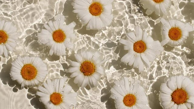 White daisies flowers on water surface and of waves on white background. Sun and shadows. Pure water with reflections sunlight and shadows in slow motion. Valentines day texture. High quality 4k