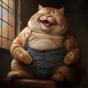 Fat laughing cat. AI illustration..