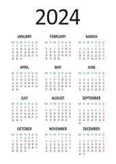 Yearly calendar 2024. Week starts on Monday. Vector illustration