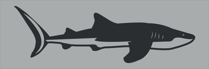 The black silhouette of a shark. Vector icon on a gray background