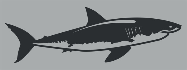 Fototapeta premium The black silhouette of a shark. Vector icon on a gray background