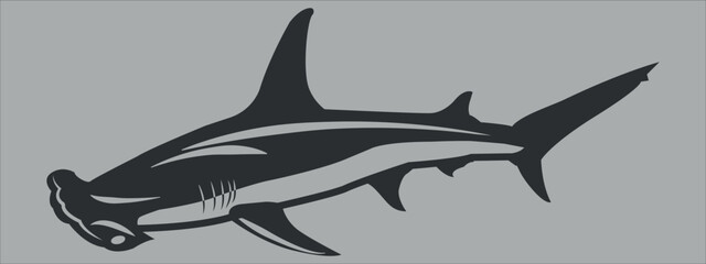 The black silhouette of a shark. Vector icon on a gray background