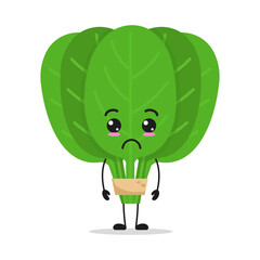 Cute sad spinach character. Funny unhappy vegetable cartoon emoticon in flat style. food vector illustration