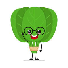 Cute happy spinach character wear eyeglasses. Smiling and greet vegetable cartoon emoticon in flat style. food vector illustration