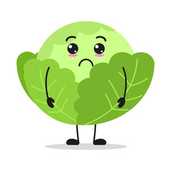 Cute sad cabbage character. Funny unhappy vegetable cartoon emoticon in flat style. garbage vector illustration
