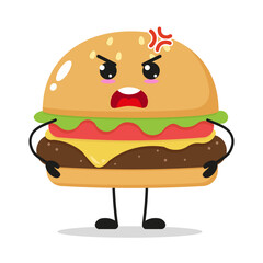 Cute angry hamburger character. Funny mad cheeseburger cartoon emoticon in flat style. junk food vector illustration