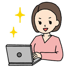 パソコン作業をするボブヘアの女性がキラキラしている