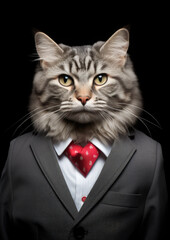 Generative AI, important serious business cat businessman in a jacket, cat head collage, fluffy cute pet, office suit, company head, postcard with funny animal