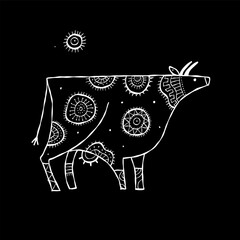 Stylish Ethnic Vector Illustration: Isolated Cow on black Background