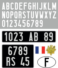 French car vintage license plate, letters, numbers and symbols with old style with black background, France, vector illustration