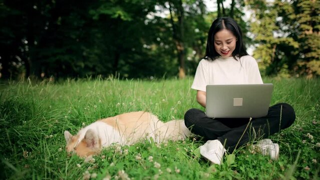 Smiling asian woman with cute corgi dog working online typing browsing on laptop at sunny park Pretty student spending time with pet and distance working on computer outdoors