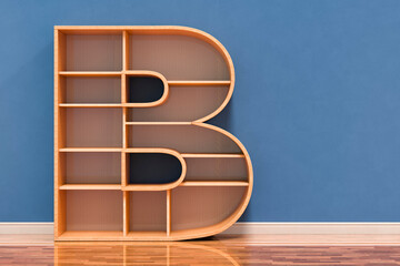 Letter B as bookshelf in interior, 3D rendering