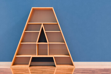 Letter A as bookshelf in interior, 3D rendering