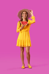 Young woman with fresh watermelon on purple background