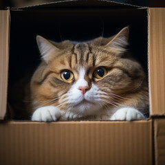 Illustration of cute kitten in cardboard box. AI generation..