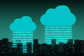 Digital cloud pouring binary digits as raindrops onto backlit city. Illustration of the concept of cloud computing, software as a service and broadband network