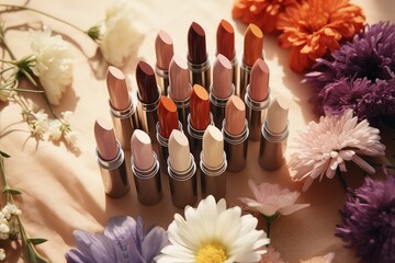 All varian nude lipsticks with flowers - obrazy, fototapety, plakaty