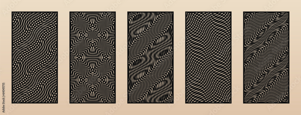 Poster Set of modern laser cut panels. Abstract geometric patterns with distorted grid, wavy lines, optical illusion effect. Decorative stencil for laser, CNC cutting of wood, metal, paper. Aspect ratio 1:2