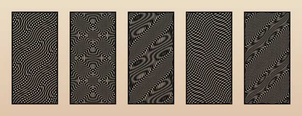 Set of modern laser cut panels. Abstract geometric patterns with distorted grid, wavy lines, optical illusion effect. Decorative stencil for laser, CNC cutting of wood, metal, paper. Aspect ratio 1:2