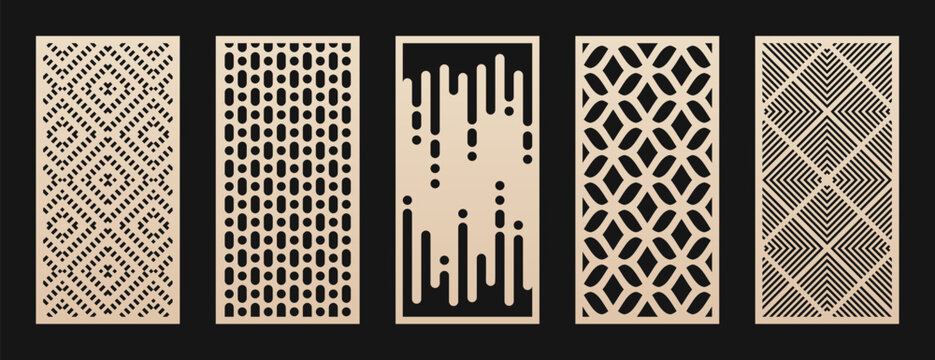Laser cut panels collection. Set of abstract geometric patterns with circles, dots, grid, geo ornaments. Decorative stencil for laser cutting, CNC cut of wood, metal, plastic, paper. Aspect ratio 1:2