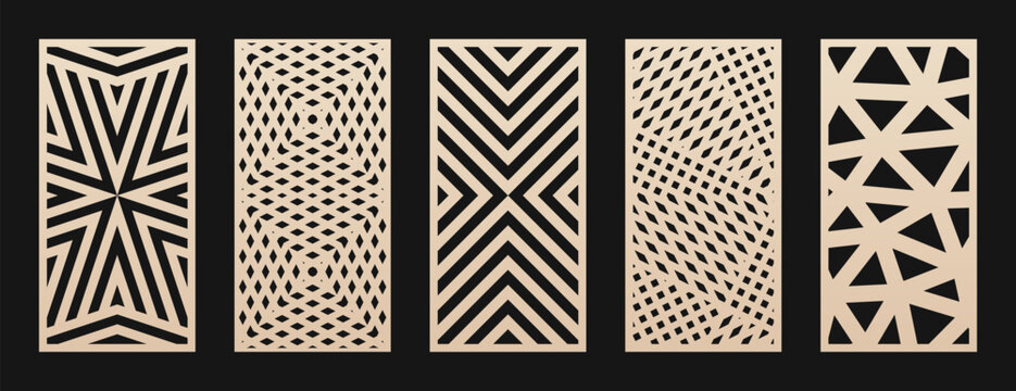 Laser cut pattern set. Vector collection of abstract geometric ornaments, lines, stripes, grid, chevron. Decorative stencil for laser cutting of wood panel, metal, plastic, paper. Aspect ratio 1:2