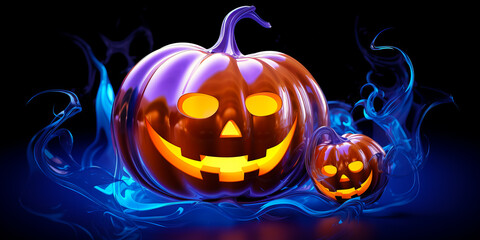 Halloween background of jack o lanterns pumpkins different scary carved faces pattern.