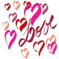 Several colorful hearts and the word "love" drawn digitally freehand; ideal for Valentine's Day cards; transparent background