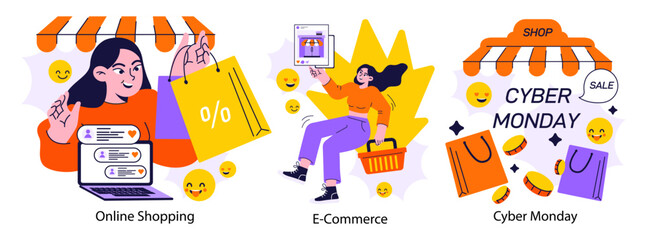 E-commerce set. Online shopping with a big discount and special offer