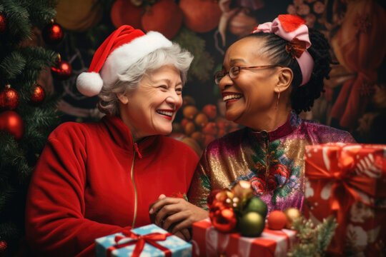 In a tender exchange, a couple of diverse senior presents each other with carefully chosen Christmas gift boxes, affirming their special bond.