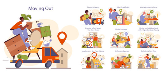 People moving out set. Characters pack belongings and relocating