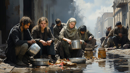 Poverty in the world, very poor people with little food and water give charity
