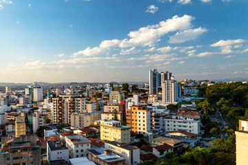 Panorama of several residential buildings seen from above in the city of Belo Horizonte. Vehicle traffic.