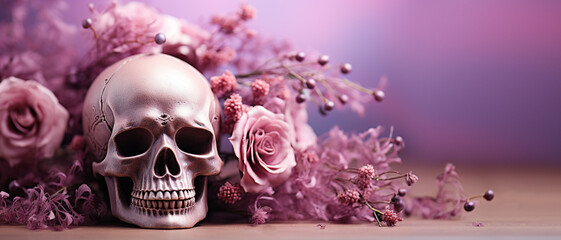 Pink Halloween Background, Skull, banner,  Cover photo, Día de los Muertos, Day of the Dead -AI generated image