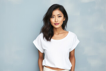 Woman is seen wearing white shirt and posing for picture. This image can be used for various...