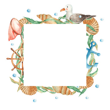 Sea square frame, cute sea gull, wooden steering wheel, seashells, nautical anchor, orange net, seaweeds and water bubbles. Marine design. Watercolor hand drawn illustration isolated on white