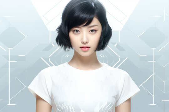 Woman with short black hair wearing white shirt. This versatile image can be used in variety of contexts.