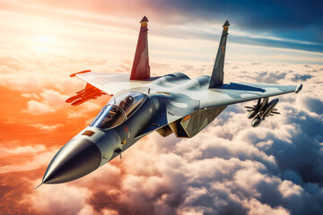 Military fighter jet above the clouds. Military equipment plane.