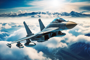 Fototapeta na wymiar Military fighter jet above the clouds. Military equipment plane.