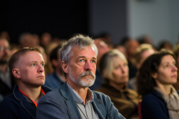 Obraz premium Man is seated in front of large crowd of people. This image can be used to represent leadership, public speaking, or addressing group.