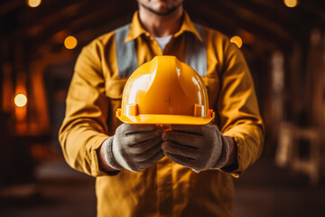 Worker in safety gear holding protective helmet in hand. Professional construction worker at job.