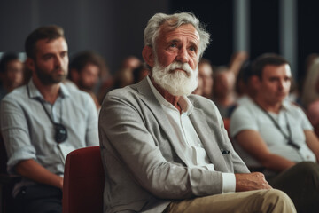 Obraz premium White-bearded man takes center stage as he sits in front of group of people. This image can be used to illustrate leadership, mentorship, or public speaking.