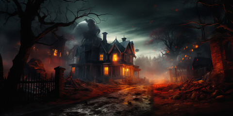 Fototapeta na wymiar Old Haunted house in spooky dark forest. Full moon. Halloween concept