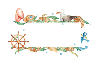 Sea horizontal frame, cute sea gull, wooden steering wheel, seashells, nautical anchor, orange net, seaweeds and water bubbles. Marine design. Watercolor hand drawn illustration isolated on white